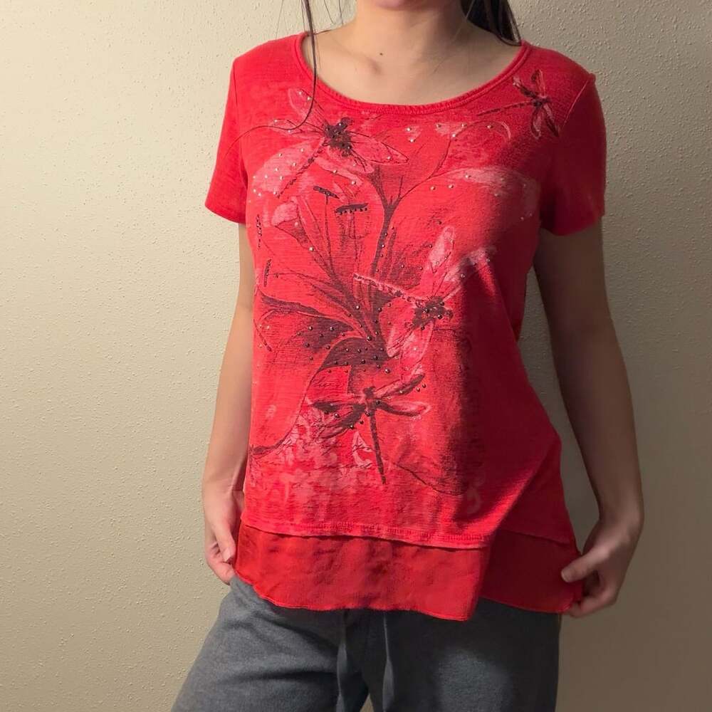 Style & Co Red Dragonfly Rhinestone Graphic Tee Top Size M